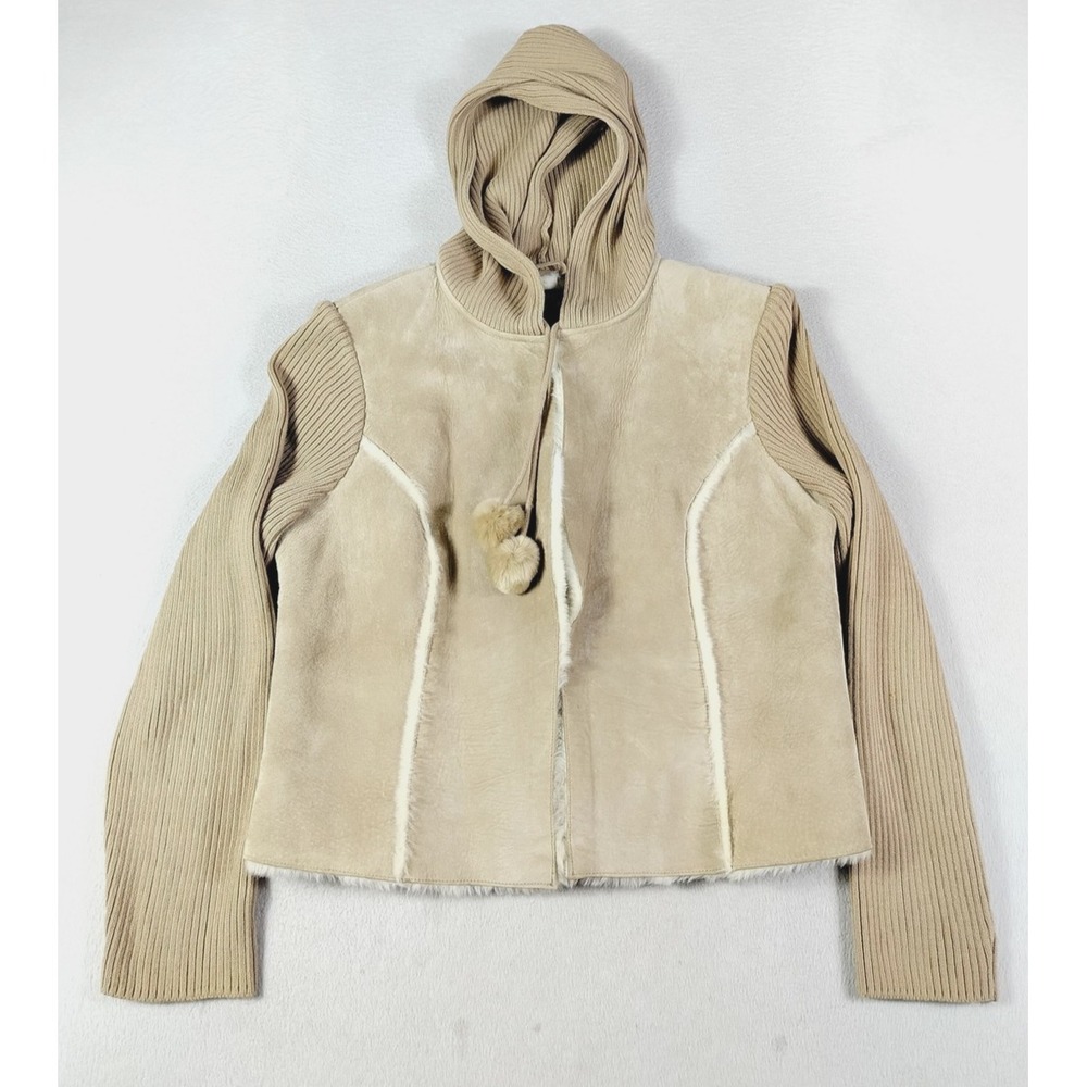 Q.U.E Jacket Womens Large Beige Leather Hooded Knit Sleeves Faux‎ Fur Lined